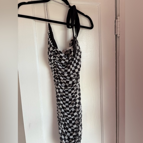 Lucy in the Sky Black & White Checkered Ruched Halter Mini Dress S - Picture 3 of 4